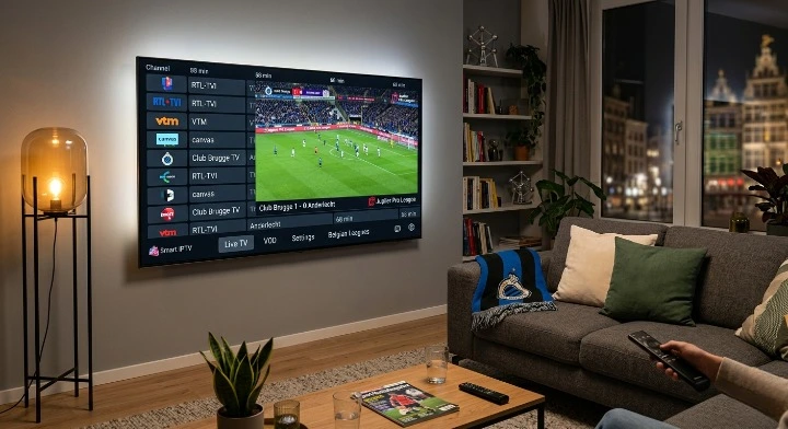 IP Smart IPTV op Samsung Smart TV in een Belgische woonkamer met 4K-kanaalweergave